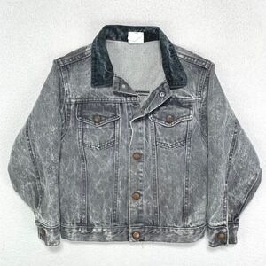 VTG 70s 80s Billy The Kid Jean Jacket‎ Youth 7 Black Acid Wash Corduroy Trim